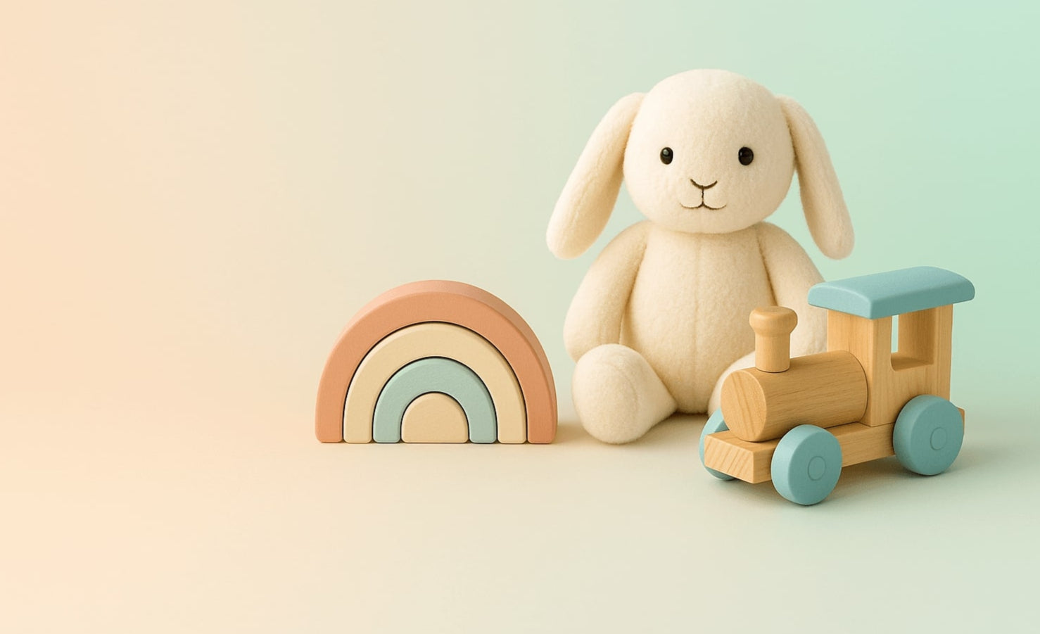 Plush bunny, wooden rainbow and wooden train on pastel peach-to-mint background