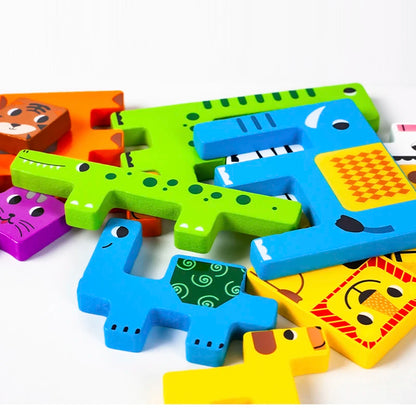 Colorful wooden animal puzzle pieces on a white background