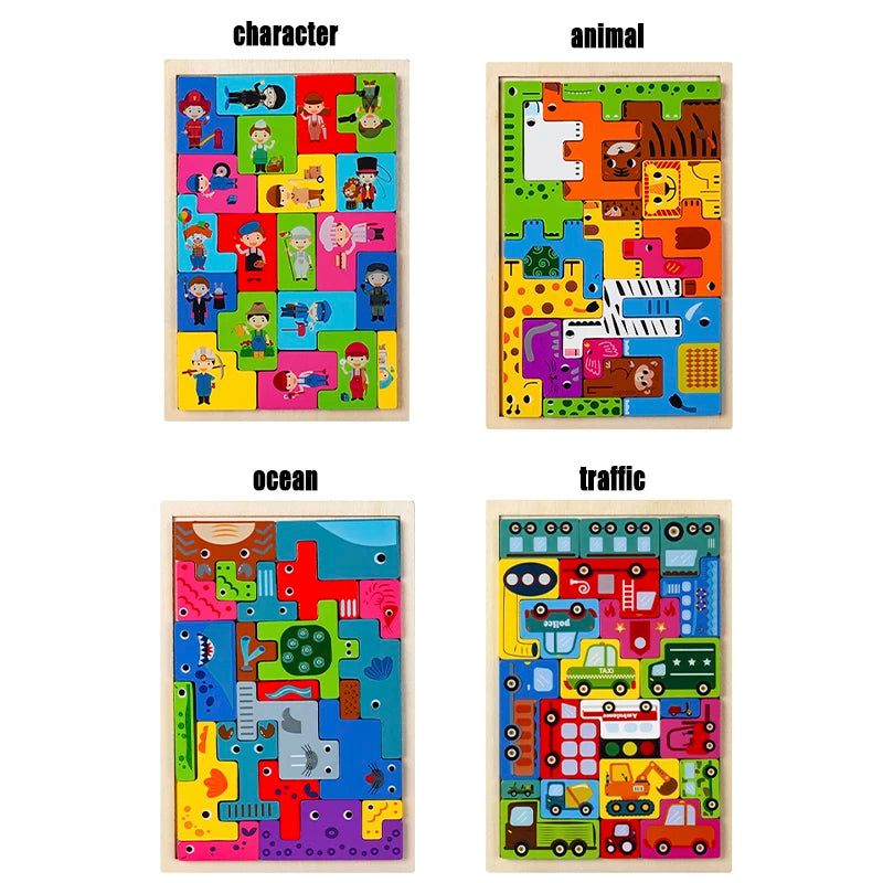 Four wooden puzzles with different themes on a white background