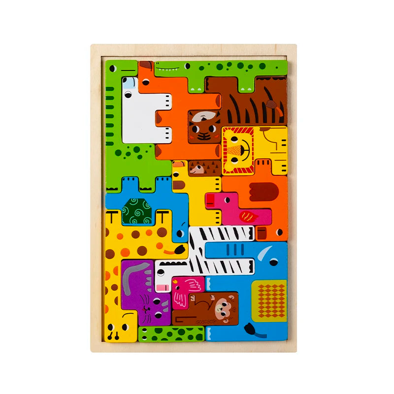 Colorful wooden puzzle with animal shapes on a white background