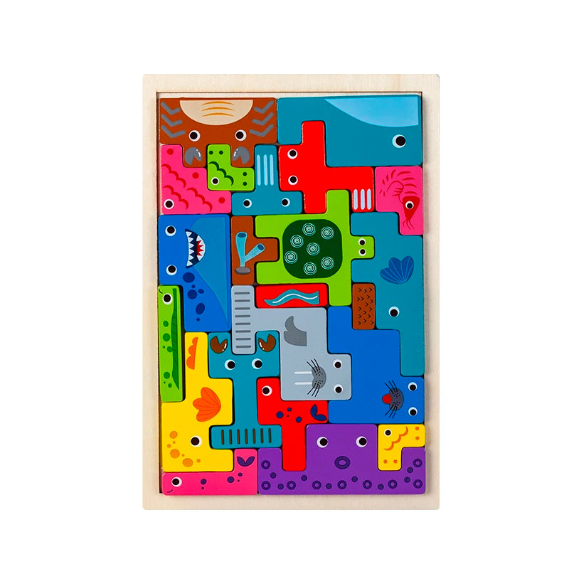 Colorful wooden puzzle with various shapes and patterns on a white background