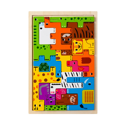 Colorful wooden puzzle with animal shapes on a white background