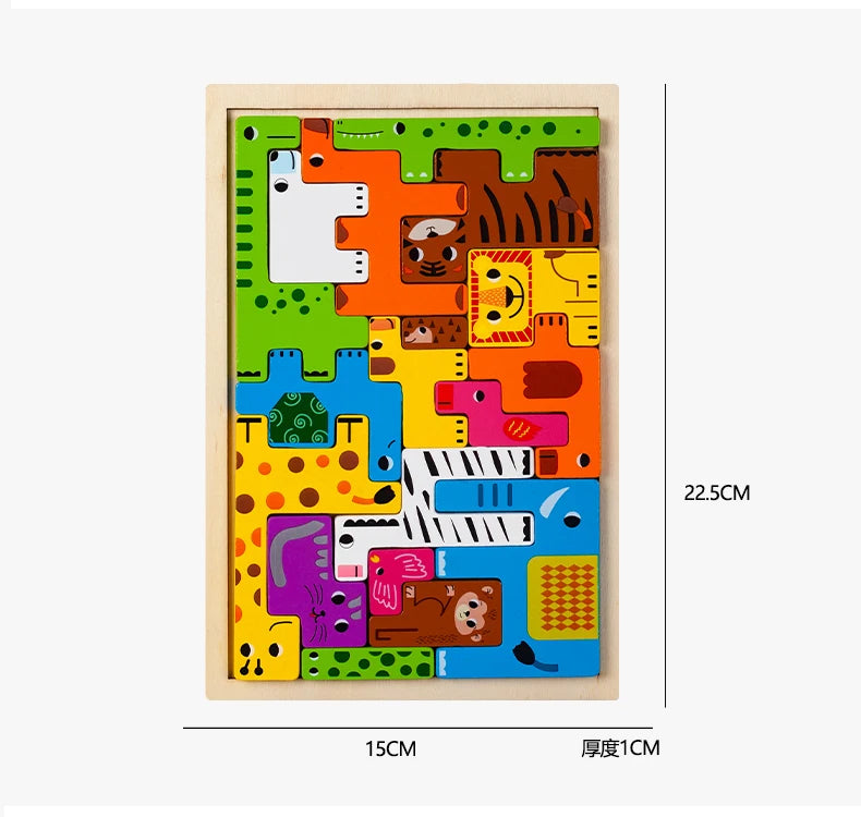 Colorful wooden puzzle with animal designs on a white background