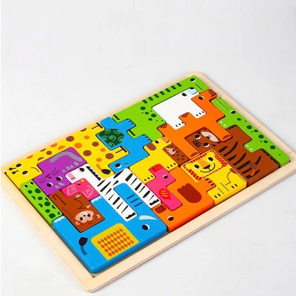 Colorful wooden puzzle with animal designs on a white background