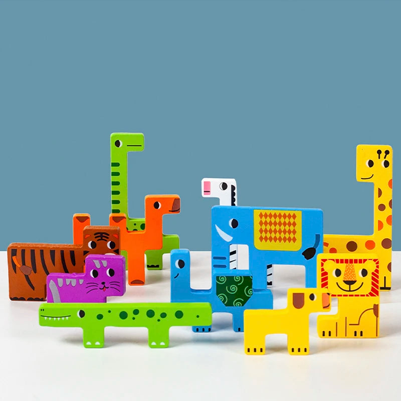 Colorful wooden animal toys on a light blue background