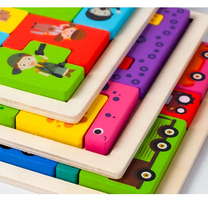 Colorful wooden puzzle with cartoon characters on a white background