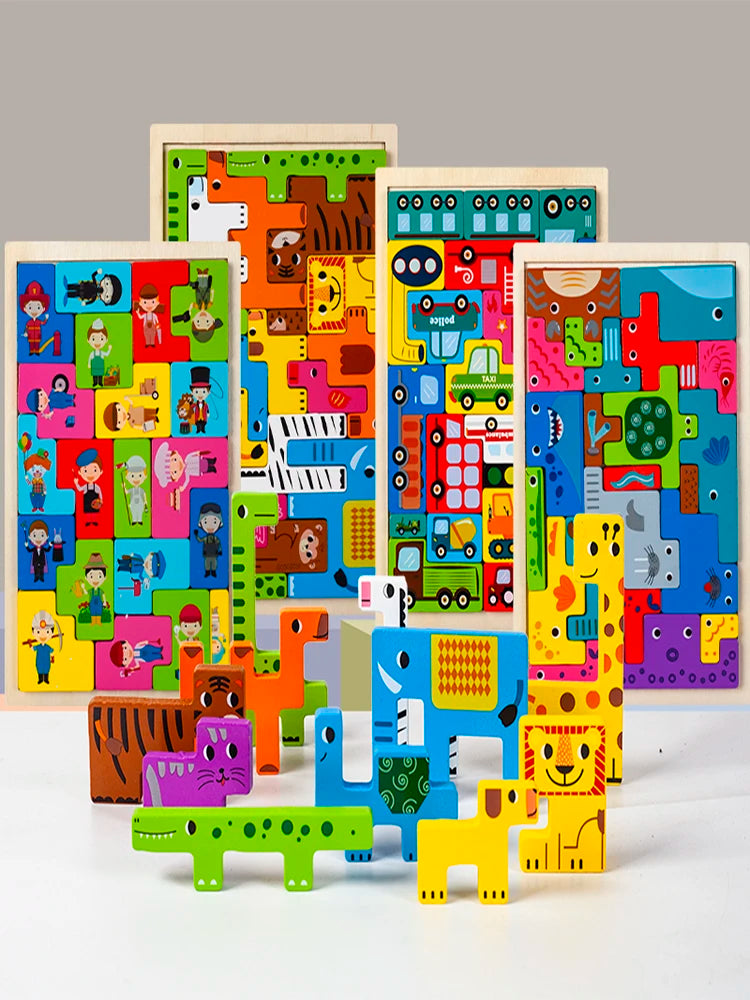 Colorful wooden puzzle toys with animal and character designs on a white background
