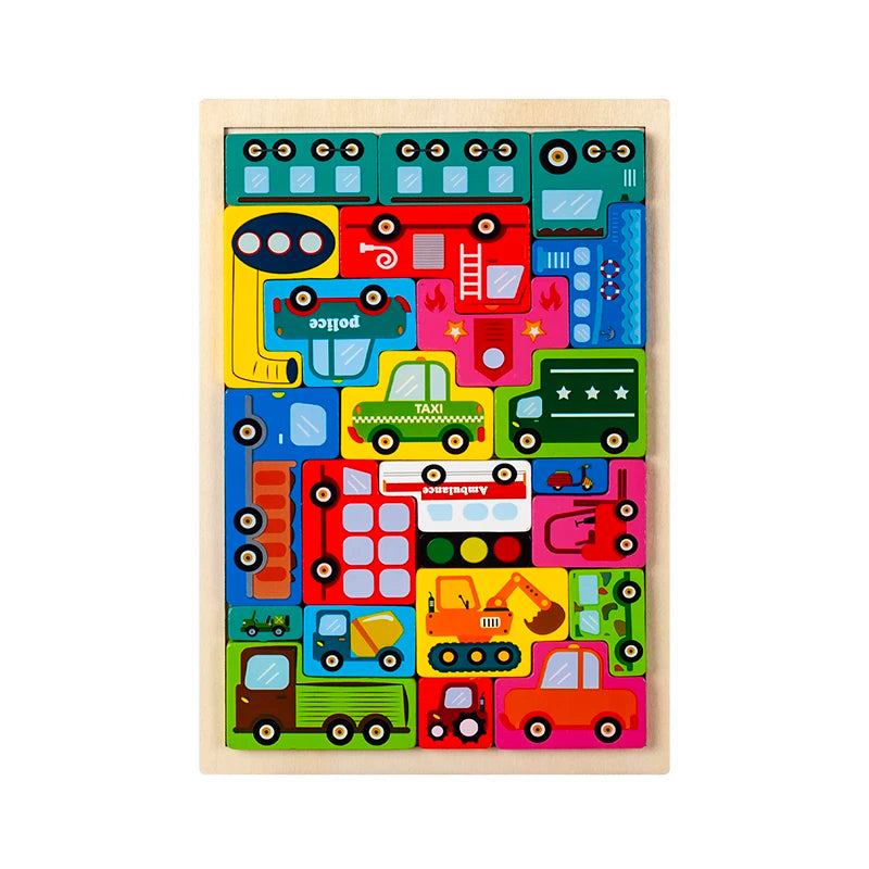 Colorful wooden puzzle with various vehicle shapes on a white background