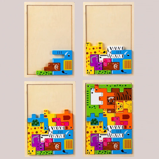 Four wooden puzzle panels with colorful animal designs on a light gray background