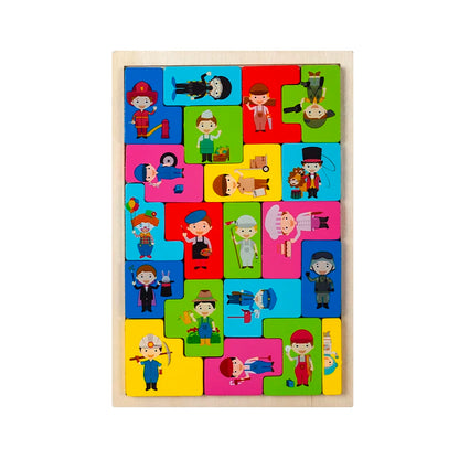 Children's puzzle with colorful squares featuring cartoon characters on a white background